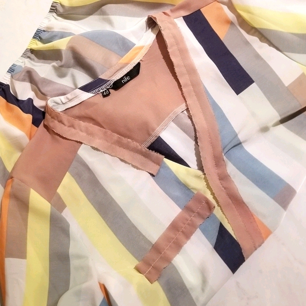 NIFE Stripe Colorblock Surplice Faux Wrap Blouse Top - Picture 5 of 9